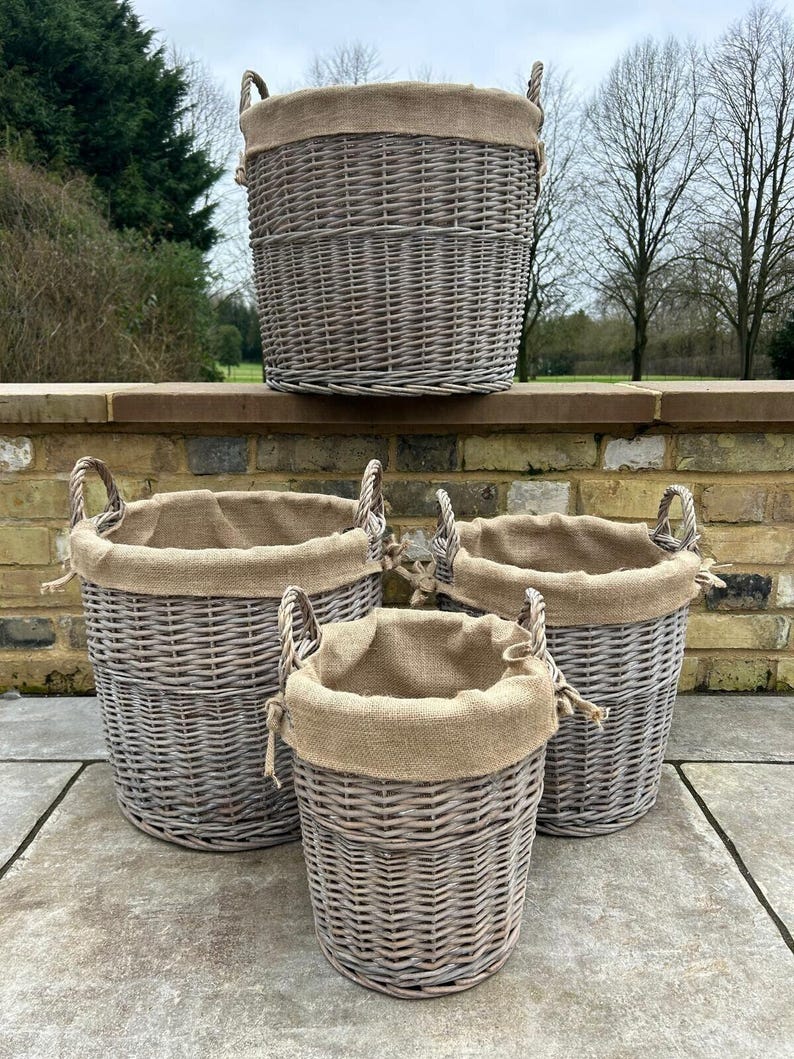 Round Driftwood-wash Wicker Log Fireside Storage Basket With Hessian Liner