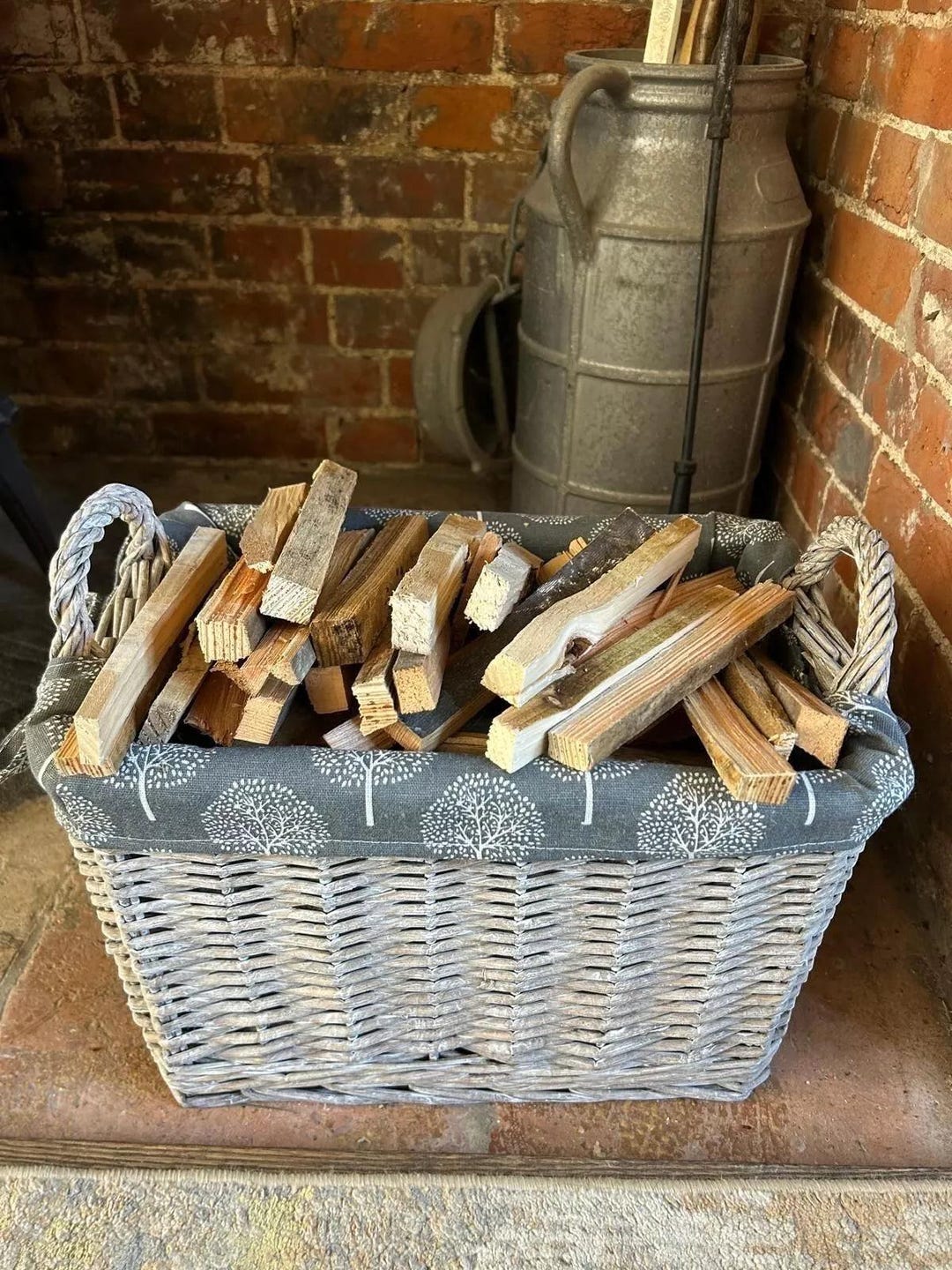 Rectangular Driftwood Wicker Log Fireside Storage Basket With Mulberry Liner