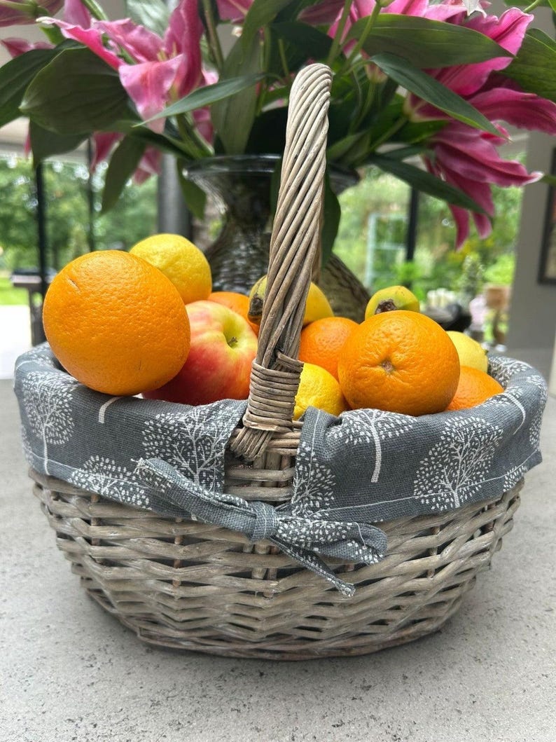Grey Wicker Shopper Shopping Basket With Mulberry Tree Liner Storage Farmshop