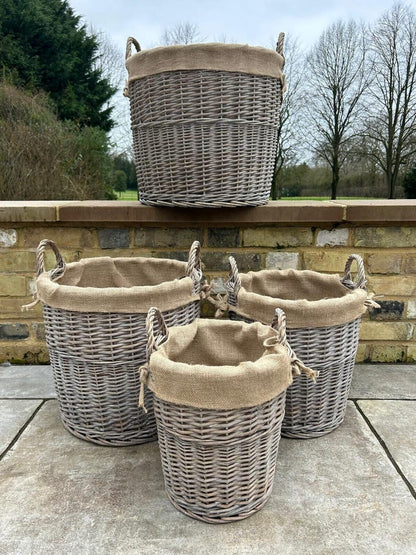 Round Driftwood-wash Wicker Log Fireside Storage Basket With Hessian Liner