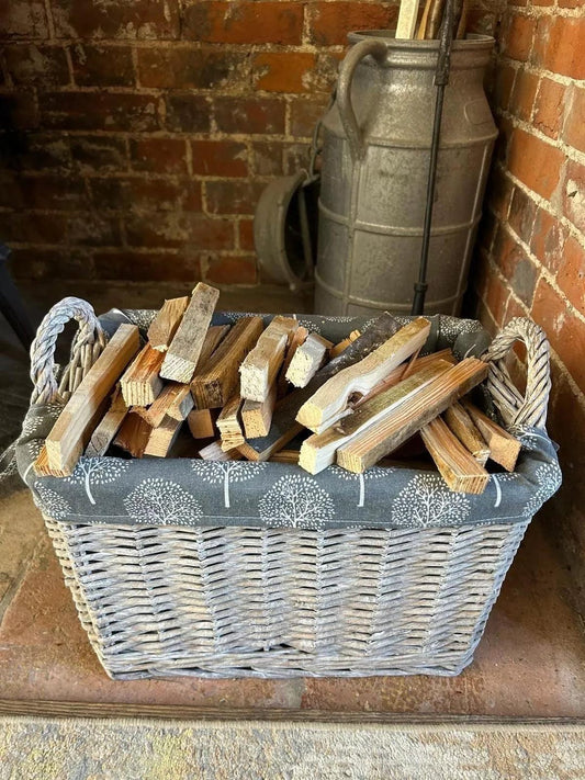 Rectangular Driftwood Wicker Log Fireside Storage Basket With Mulberry Liner