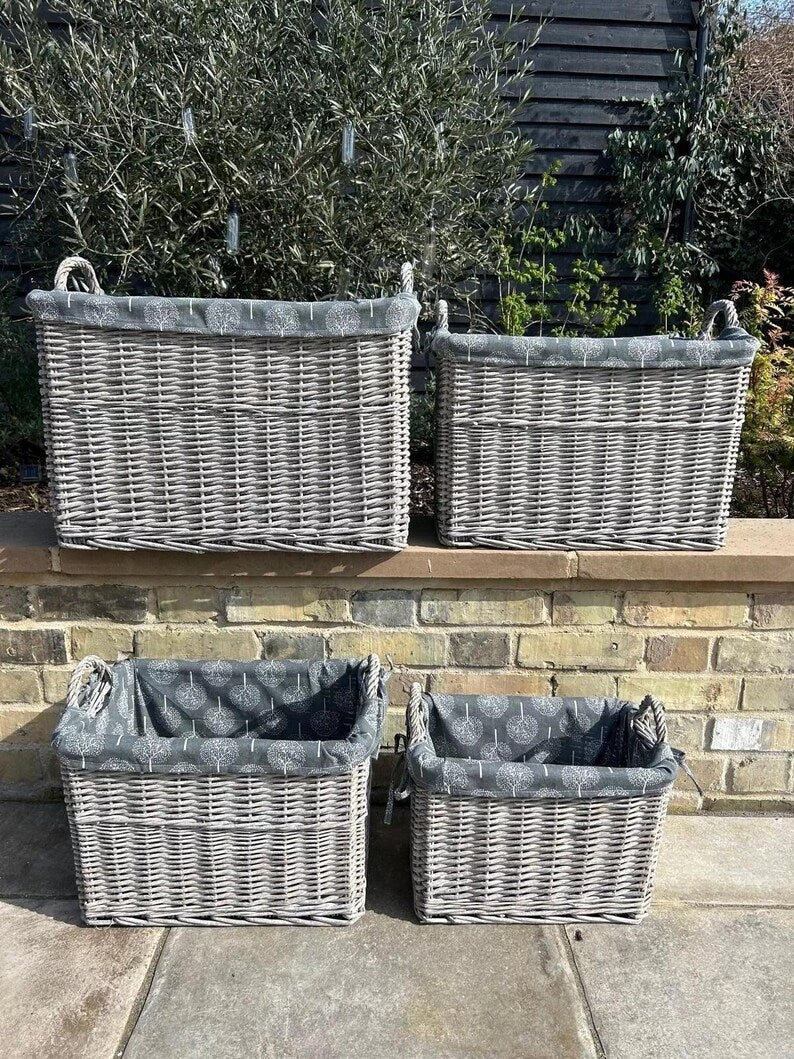 Rectangular Driftwood Wicker Log Fireside Storage Basket With Mulberry Liner