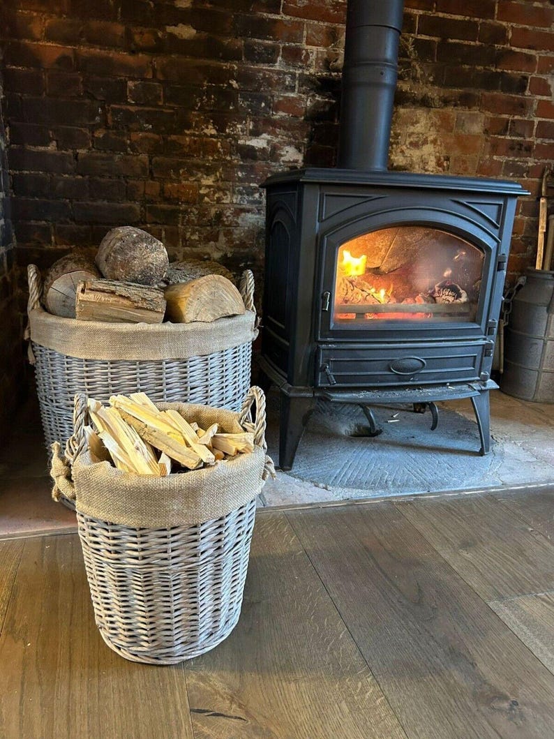 Round Driftwood-wash Wicker Log Fireside Storage Basket With Hessian Liner