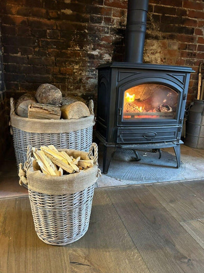 Round Driftwood-wash Wicker Log Fireside Storage Basket With Hessian Liner