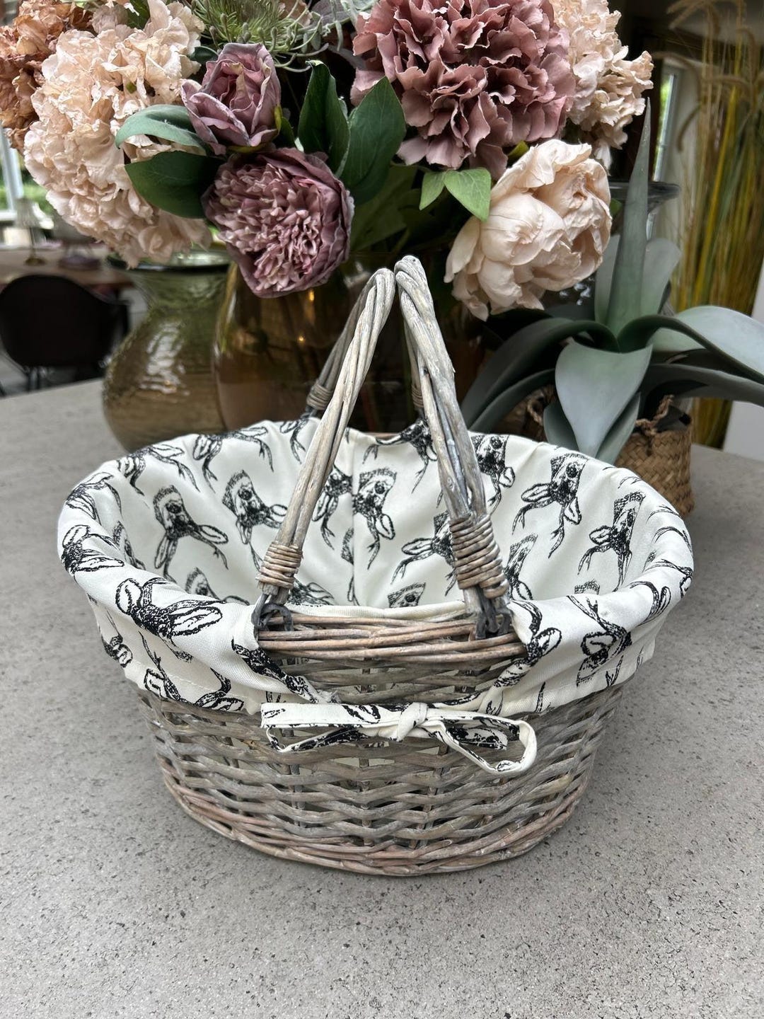 Grey Wicker Shopper Shopping Basket With Stag Liner Fold Flat Handles