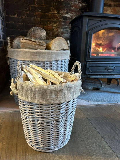 Round Driftwood-wash Wicker Log Fireside Storage Basket With Hessian Liner