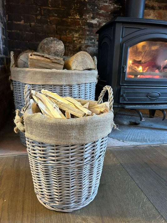Round Driftwood-wash Wicker Log Fireside Storage Basket With Hessian Liner